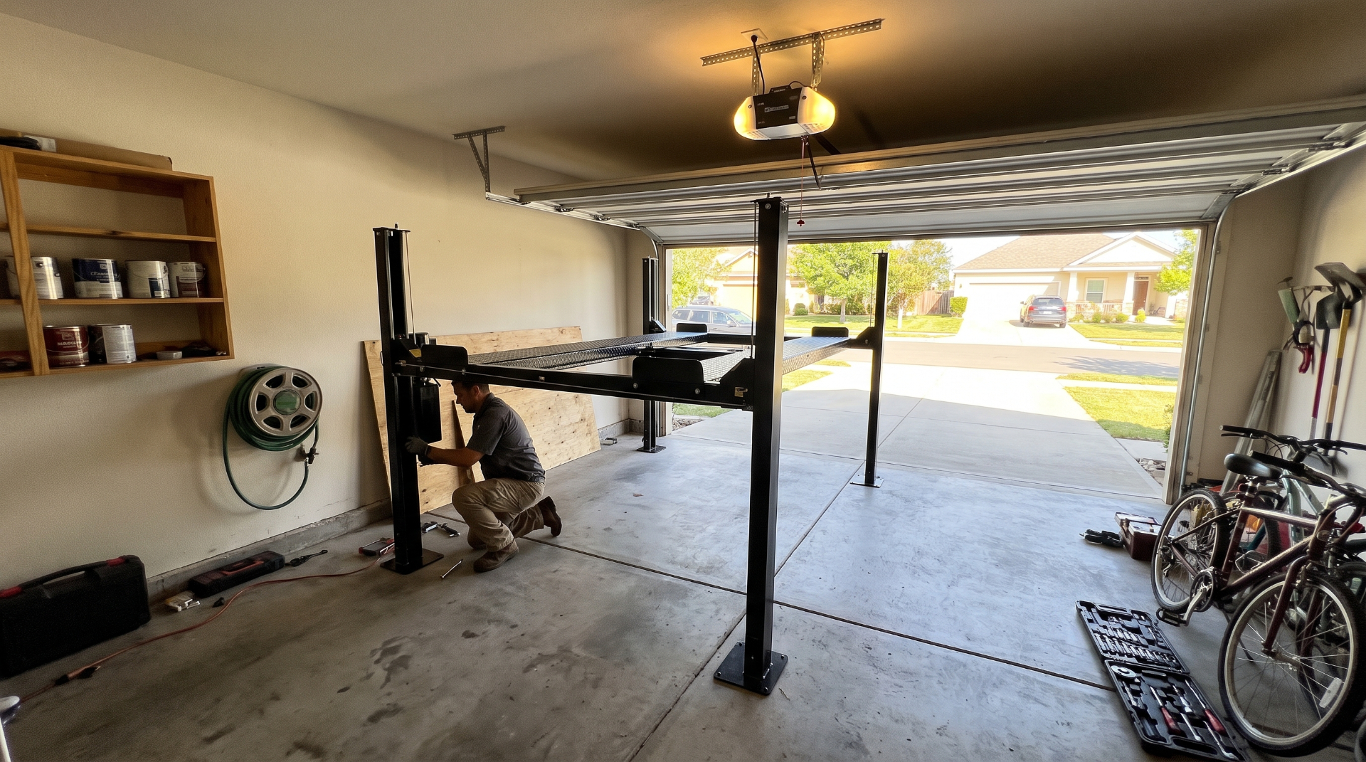 Technician installing a home storage parking lift in a residential garage.