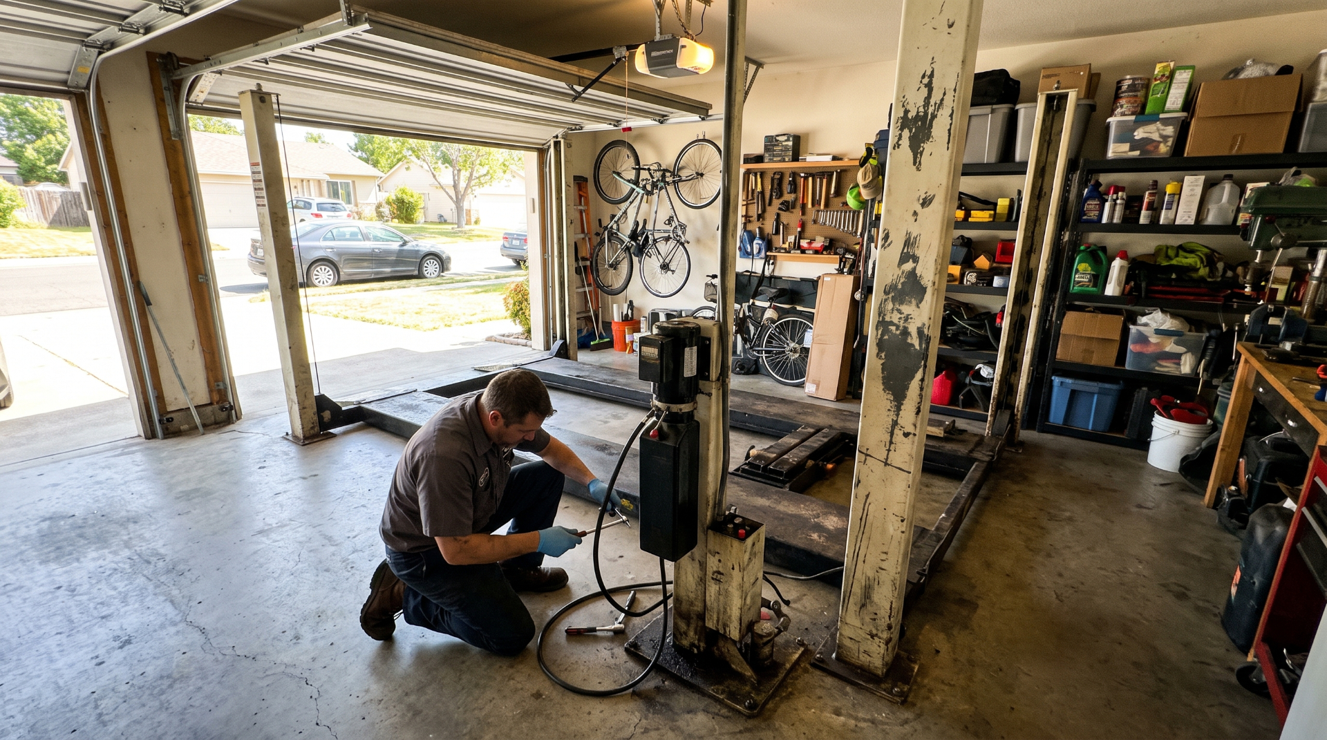 Technician repairing a home garage parking lift in a residential garage.