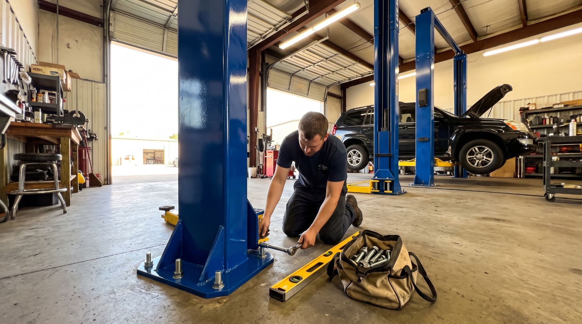 Technician anchoring a two-post lift column to a shop floor.