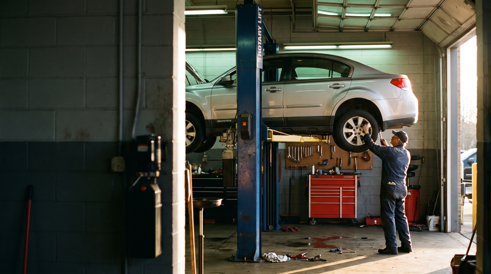 Blue Wave technician servicing an automotive lift