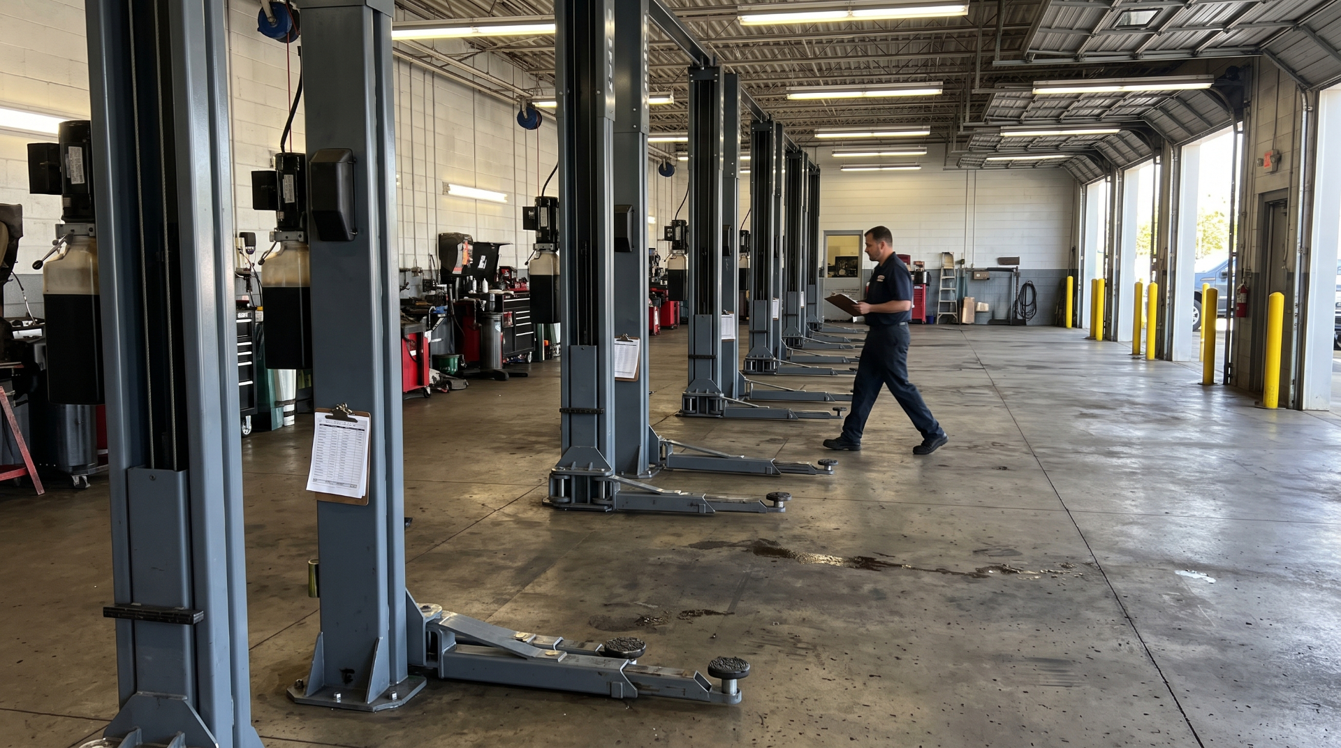 Blue Wave technician inspecting a row of two-post automotive lifts