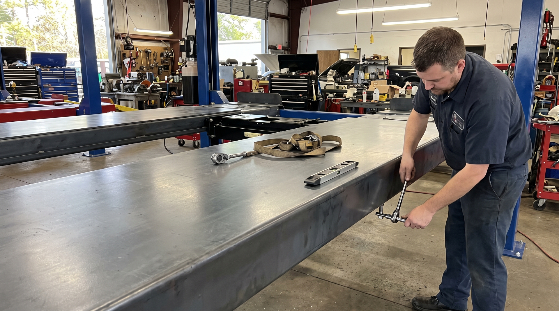 Technician adjusting a four-post lift platform in a service bay.