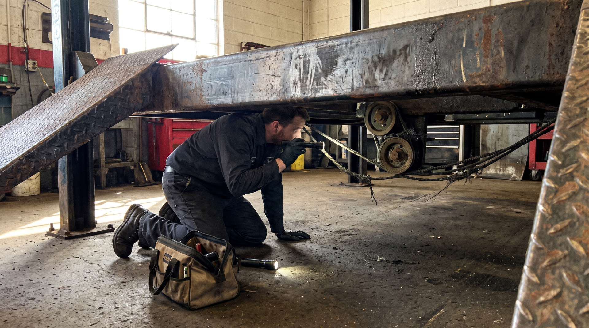 Technician inspecting the underside of a four-post lift platform.