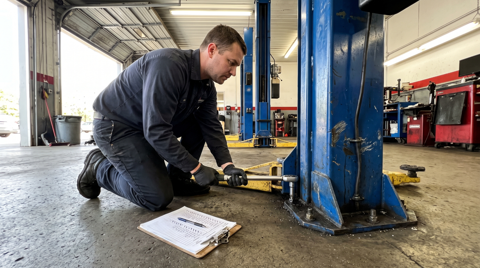 Technician kneeling to check an anchor bolt on a vehicle lift
