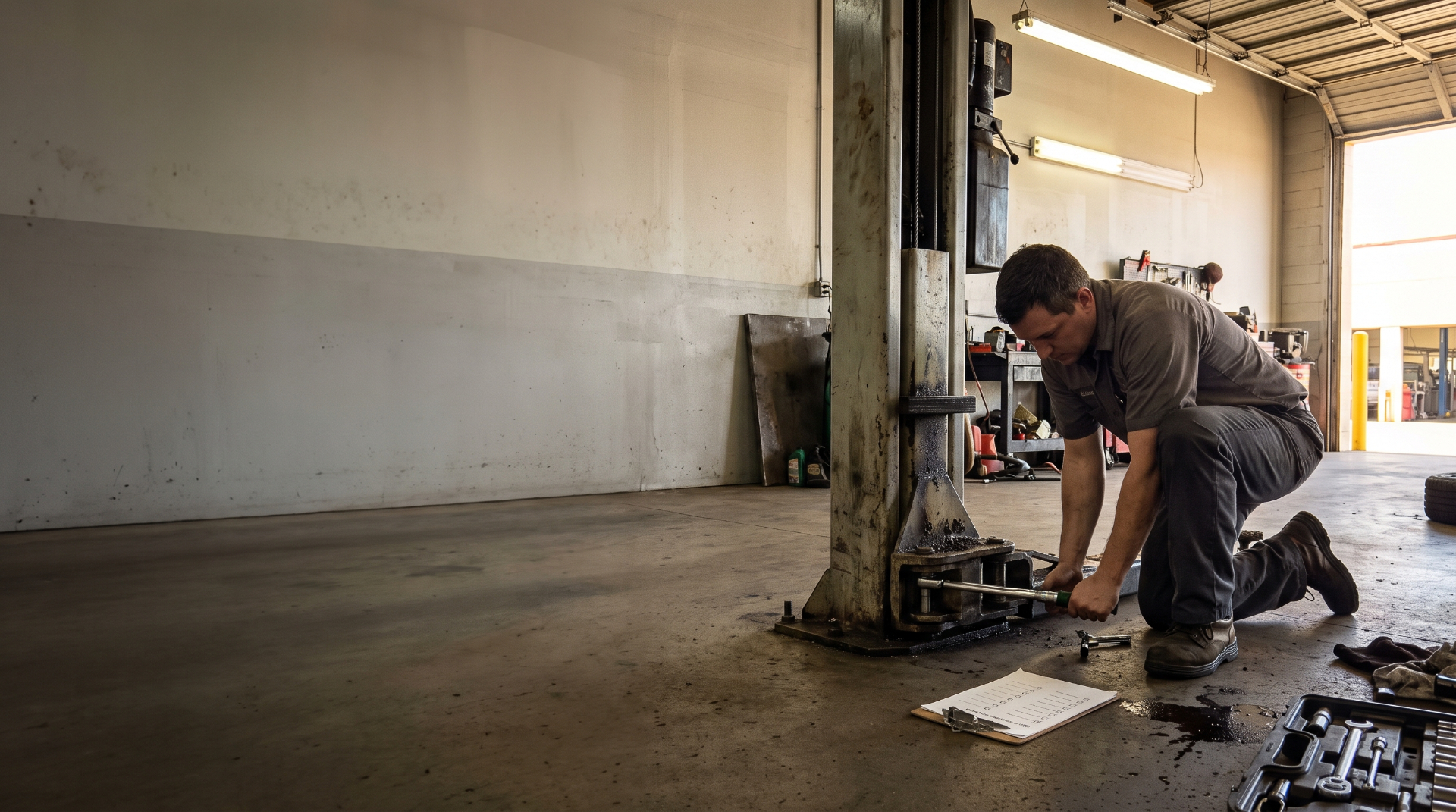 Technician using a torque wrench on the base of a two-post lift