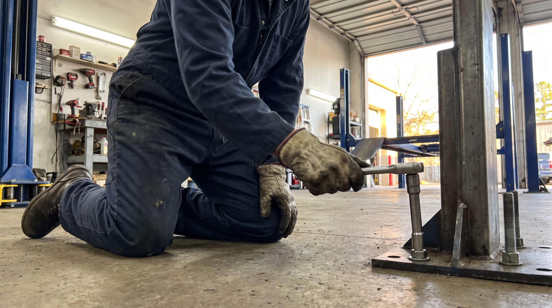 Technician tightening an anchor bolt at the base of a two-post lift column